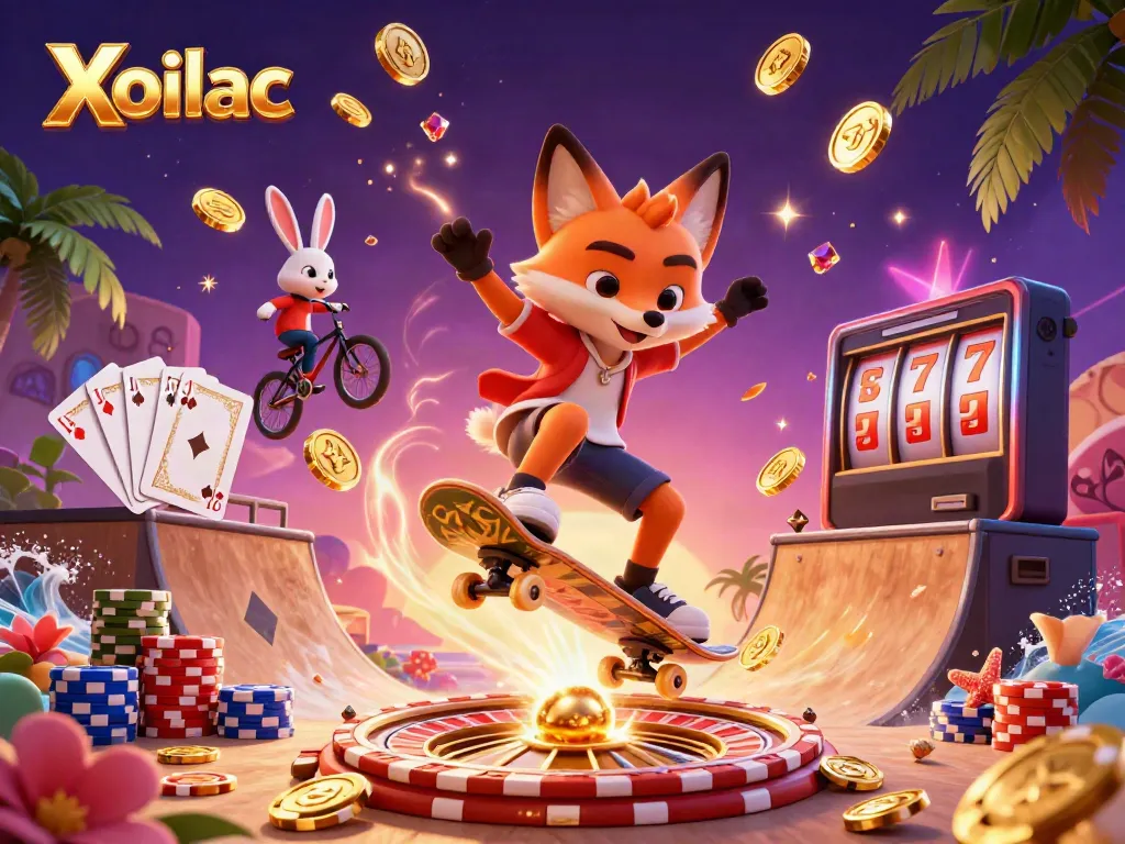 Xoilac offers an exhilarating visual scene of a skateboarder fox and rabbit amidst casino-themed elements, showcasing dynamic energy and excitement.