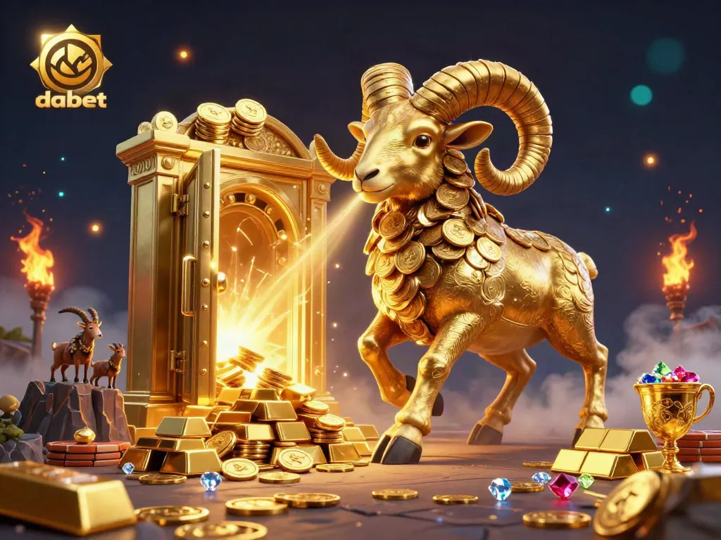 Engage with thrilling dabet gaming moments featuring a golden ram charging through a treasure-filled scene.