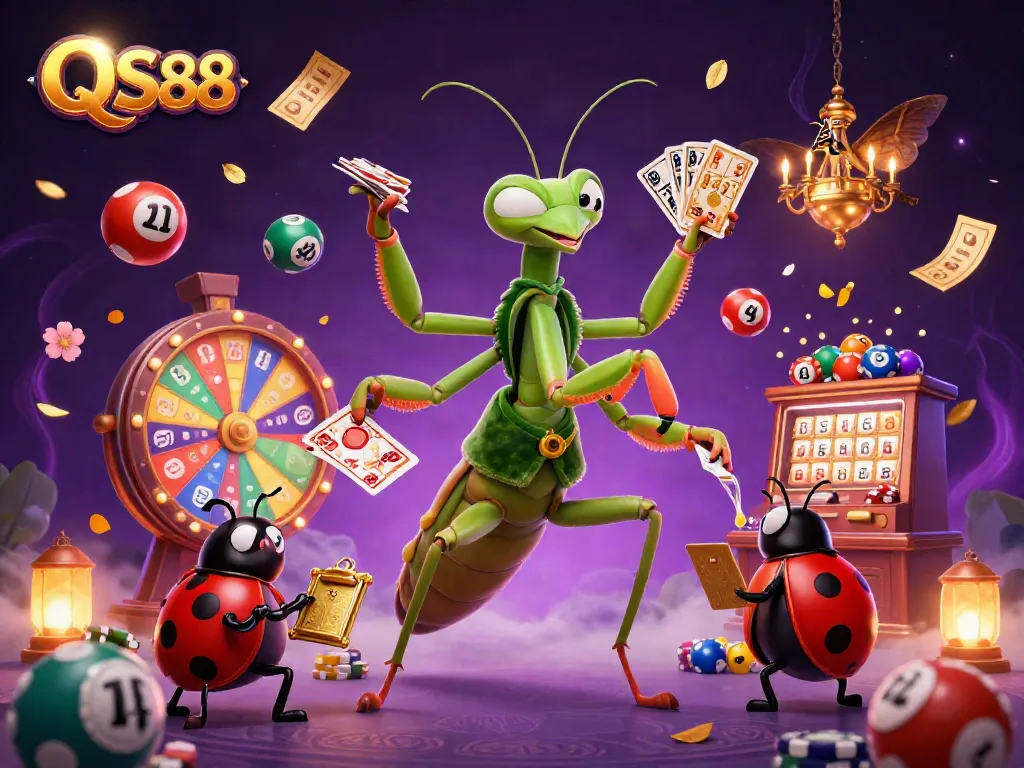 Engage with QS88's vibrant casino scene featuring a giant mantis and ladybug showcasing gaming excitement.