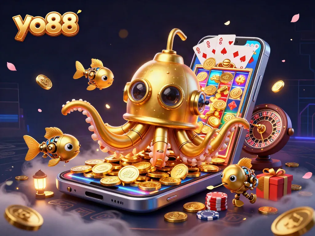 Experience the exciting world of yo88 with golden kraken and slot games amid cascading coins.