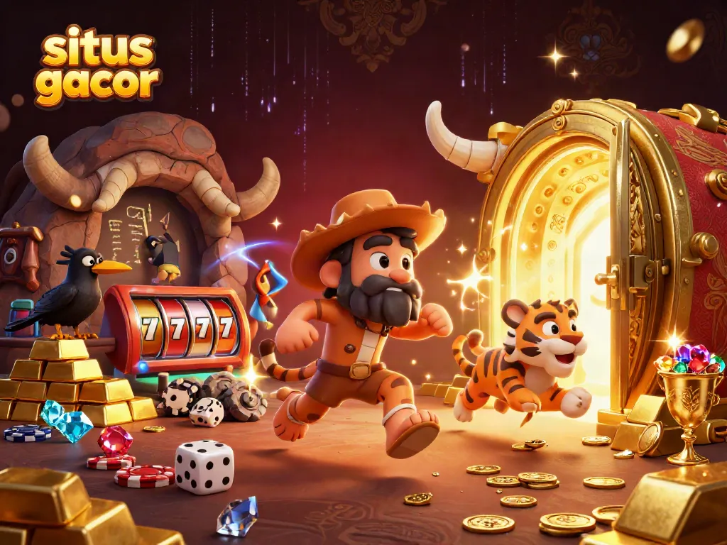 Experience the thrill of situs slot gacor with a vibrant prehistoric casino scene featuring dynamic characters and symbols.