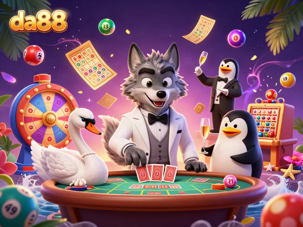 Experience the thrill of gambling at da88 with vibrant casino elements and characters in action.