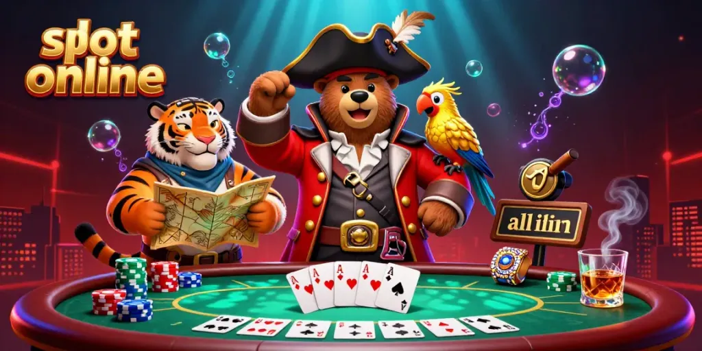 Experience the thrill of slot online games with an engaging 3D illustration of a pirate captain bear, a tiger first mate, and a vibrant gambling setting.