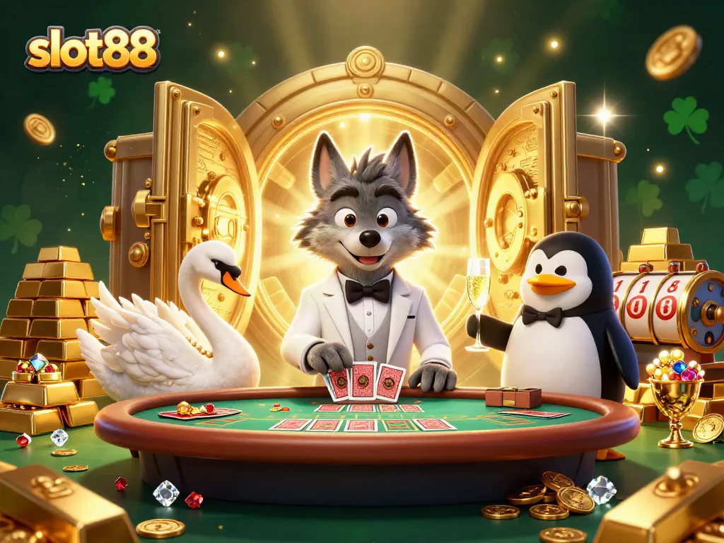 Win big with slot88 as a cartoon wolf and swan play cards amid rich casino treasures