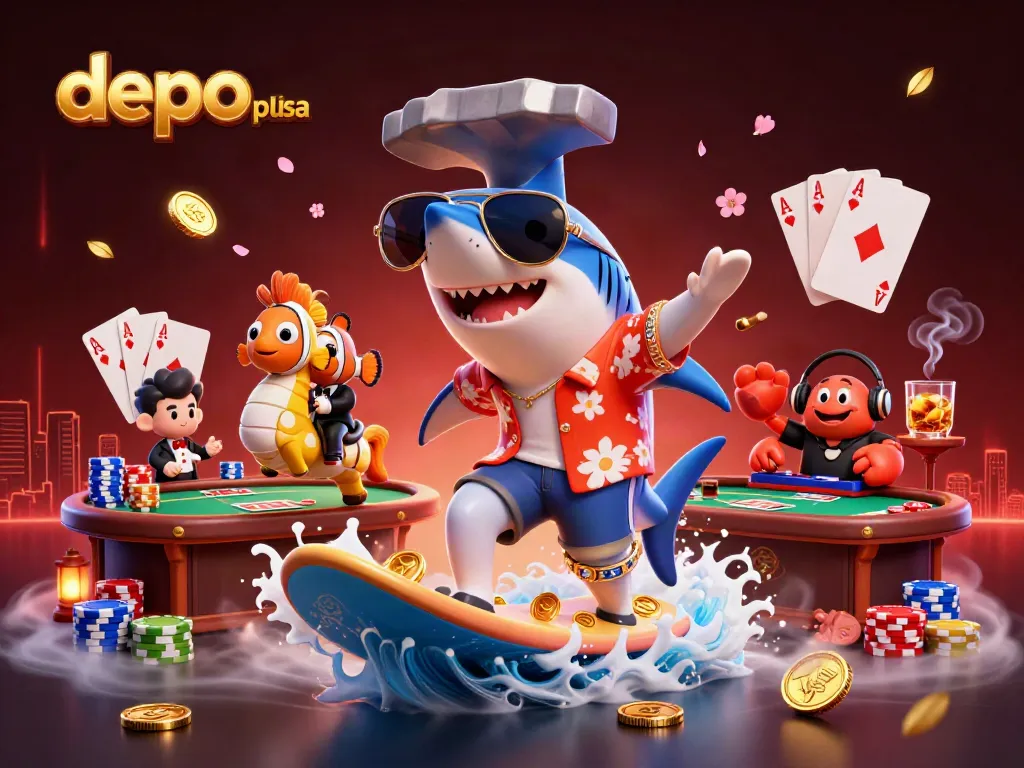 Engaging scene of depo pulsa gaming excitement with a shark and clownfish amidst poker elements