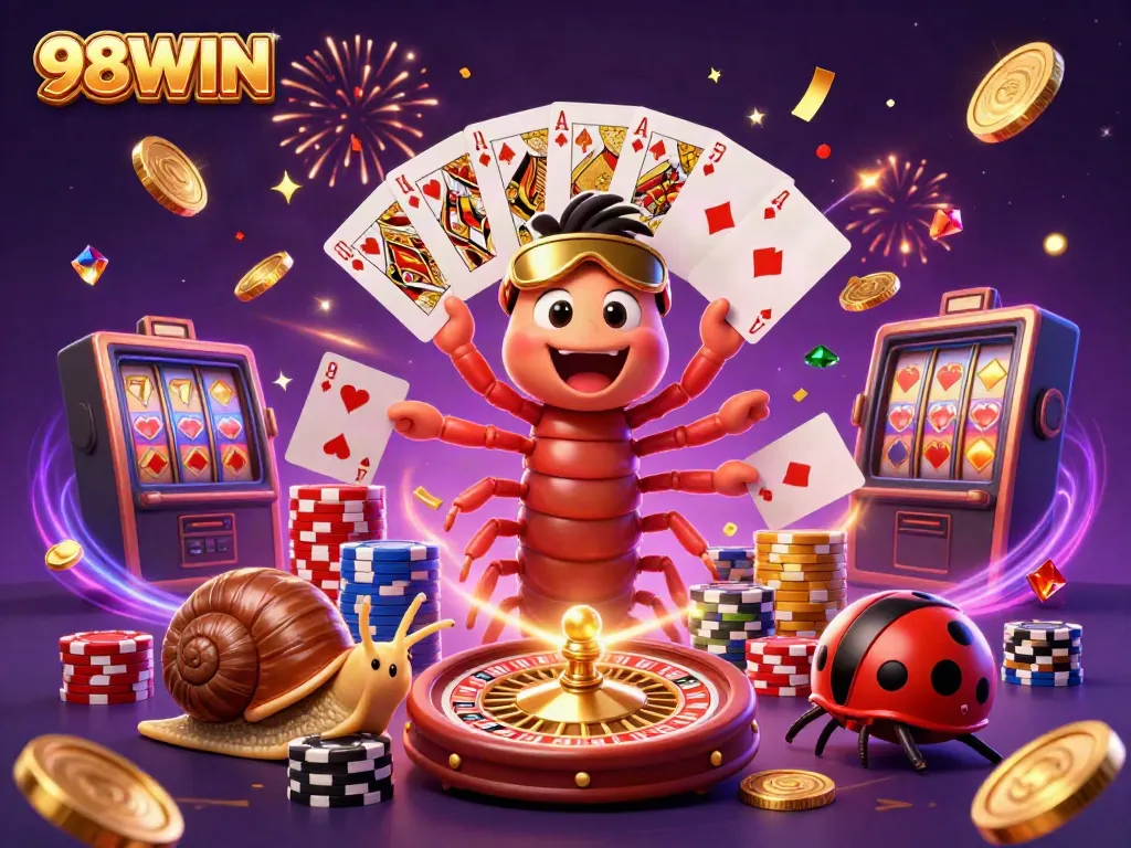Engaging 3D casino scene with 98WIN characters showcasing winning excitement and vibrant gaming action.
