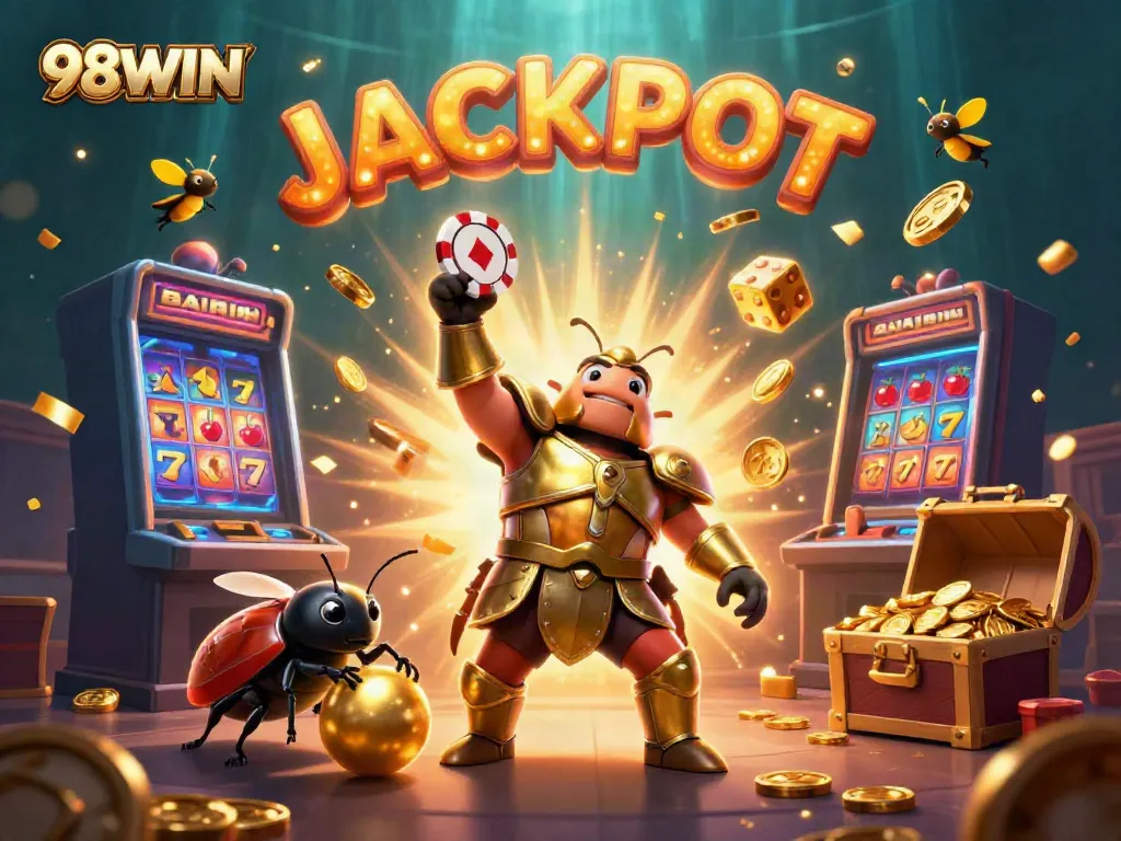 Experience the excitement of 98WIN with dynamic casino-themed characters and elements.