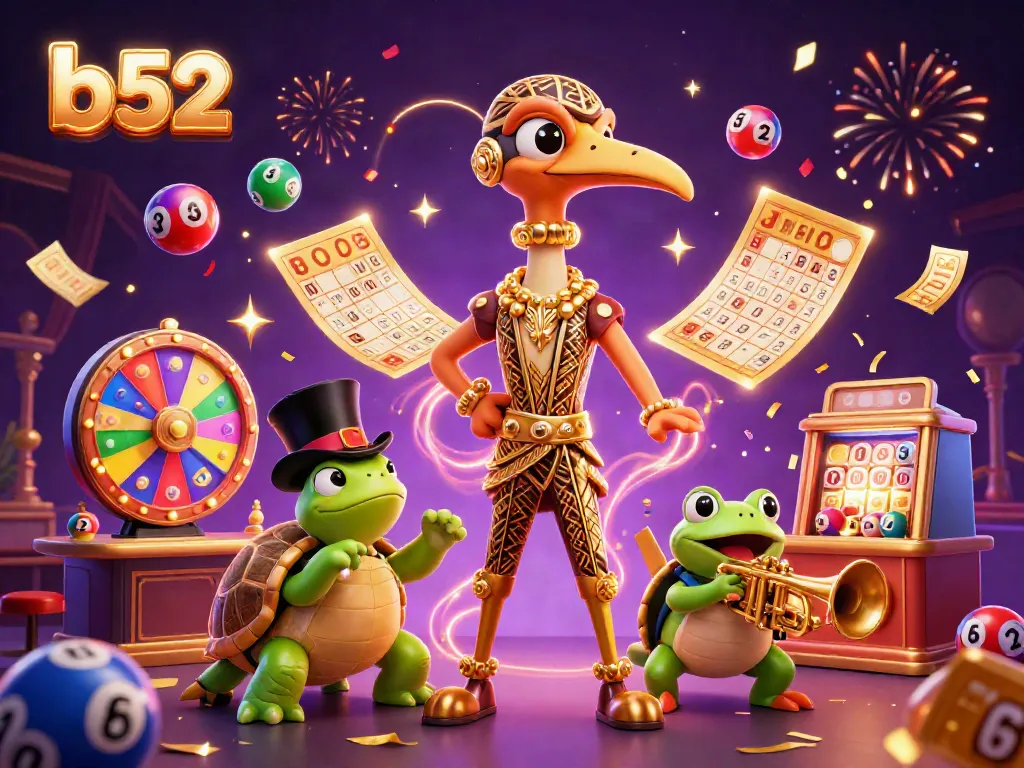 Experience the vibrant b52 online casino scene with colorful lottery elements and jazz characters in a dynamic celebration.