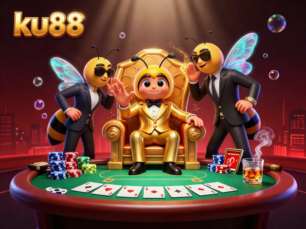 Join the thrilling action at ku88 with a dynamic scene featuring a cartoon bumblebee mob boss and poker elements.