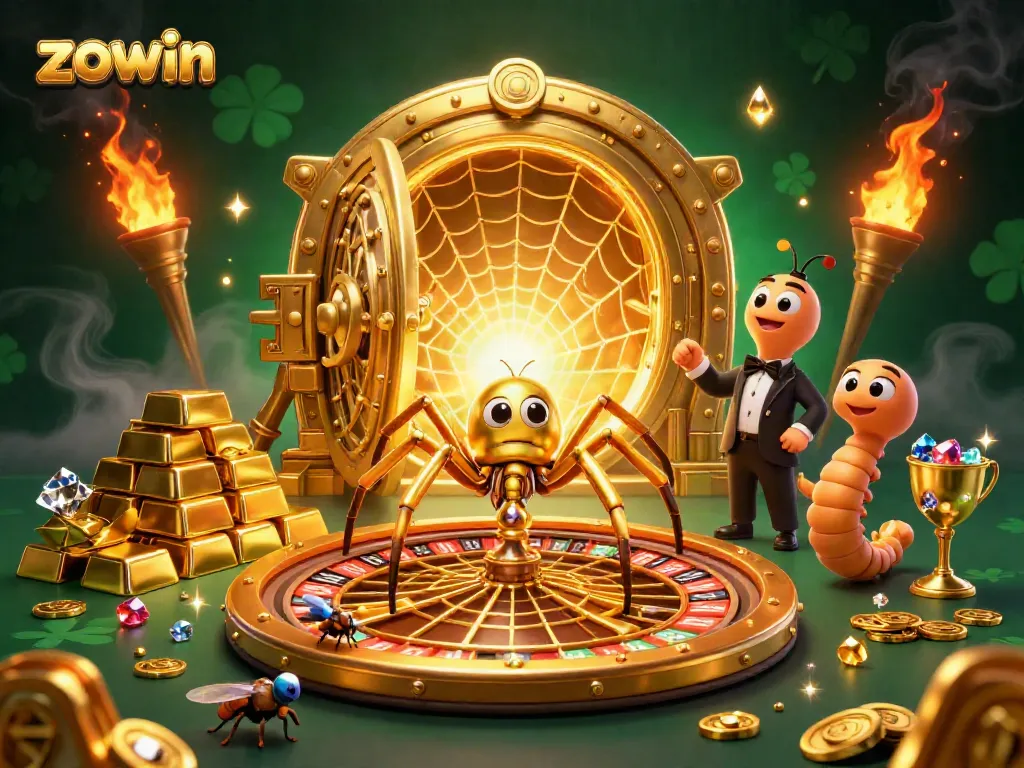 Engage in thrilling gameplay with Zowin, featuring a whimsical scene of a spider and croupier in a golden casino.