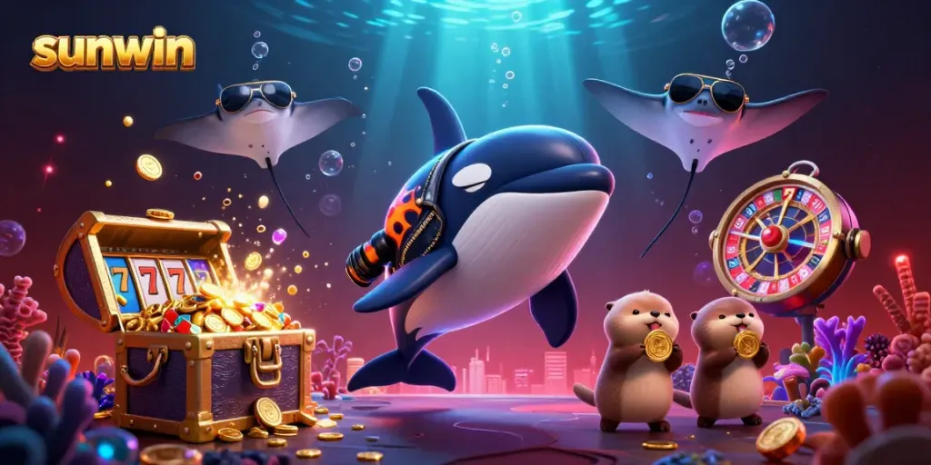 Experience the thrill of sunwin gaming with orca, stingray, and otters celebrating jackpot wins!