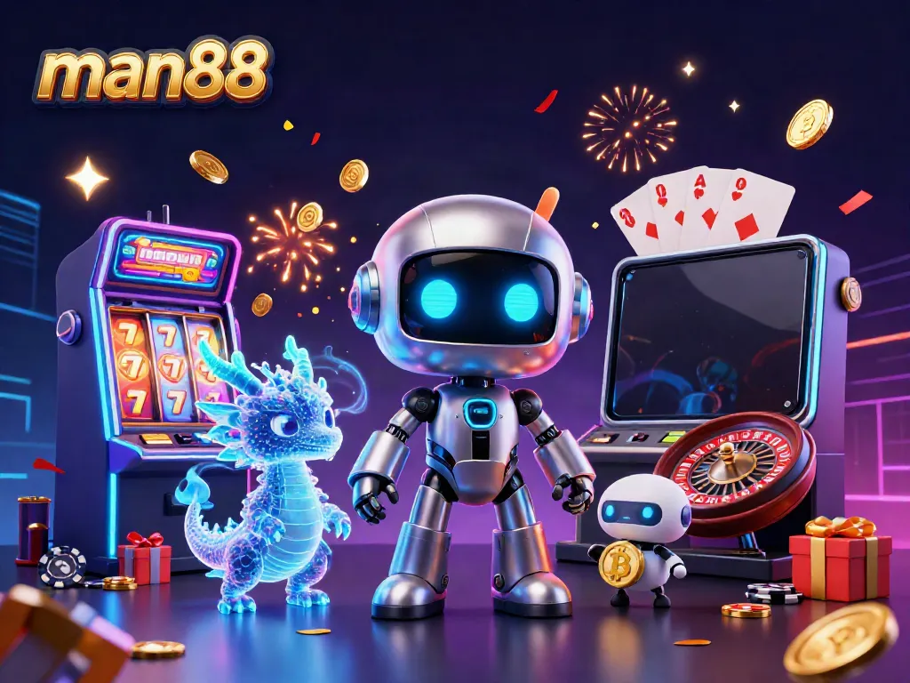 Engage in exciting casino fun with man88 featuring colorful slot machines, robots, and vibrant visuals.