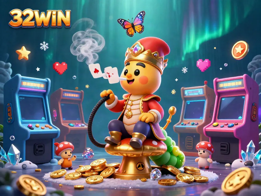 Experience the excitement at 32WIN with a vibrant casino scene featuring playful characters, game elements, and dynamic visuals.