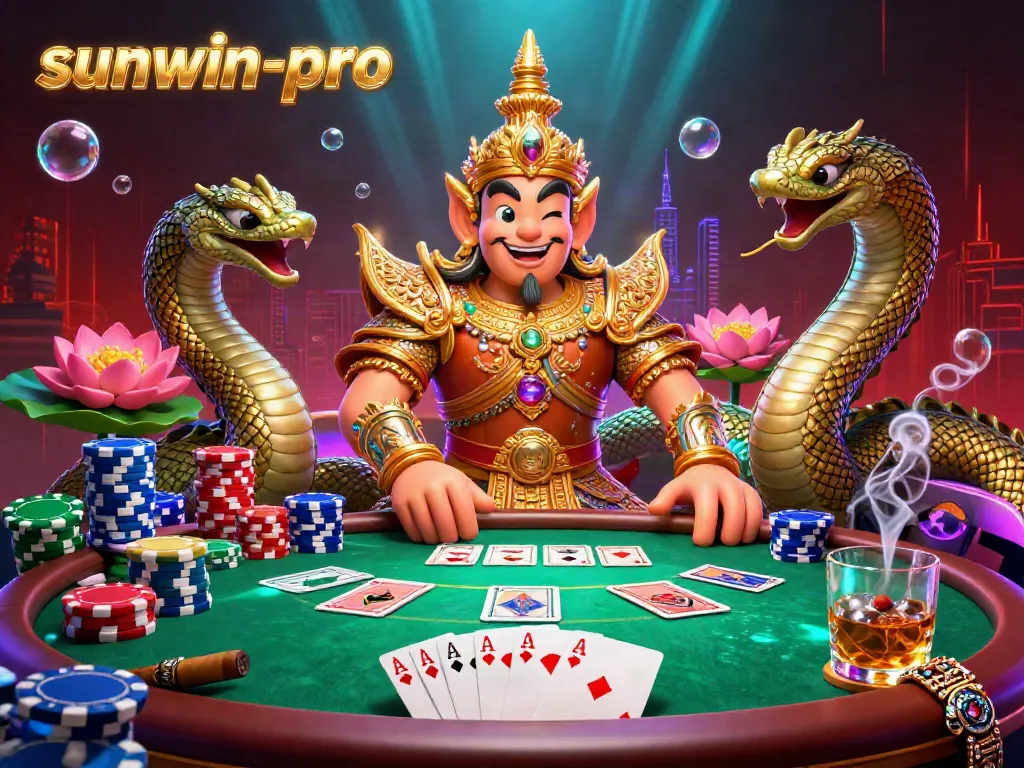 Experience thrilling gameplay with sunwin-pro, featuring a cartoon yaksha guardian and colorful poker elements.