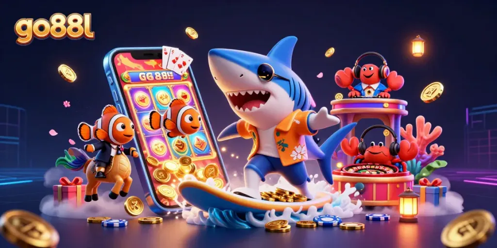 Engage in exciting gameplay at go88l with colorful slot games and a festive underwater scene.