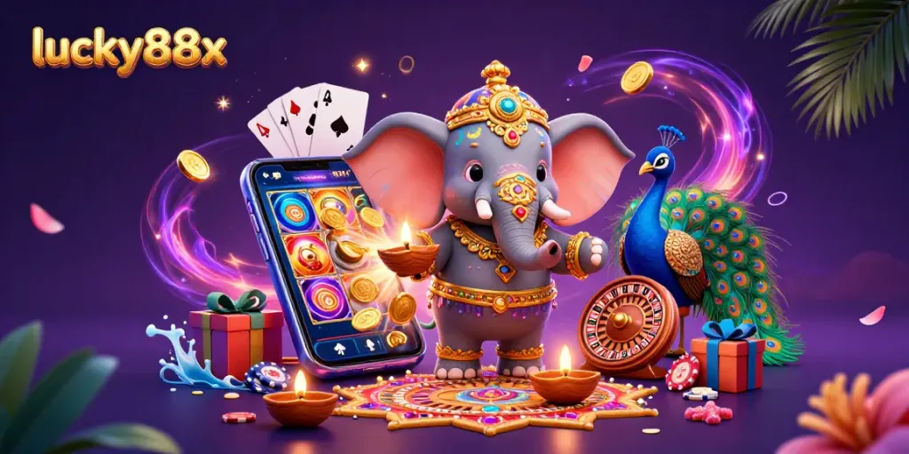 Experience lucky88x with colorful slot games, a Diwali elephant, and dazzling gems in a vibrant casino setting.