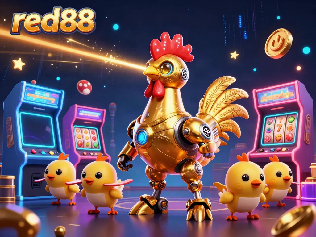 Experience the thrill of gaming at red88 with golden rooster robot and arcade elements.