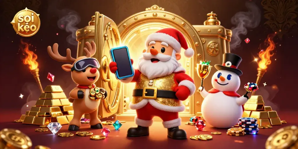 Experience thrilling soi kèo action with Santa, his reindeer, and a snowman in a vibrant casino adventure.