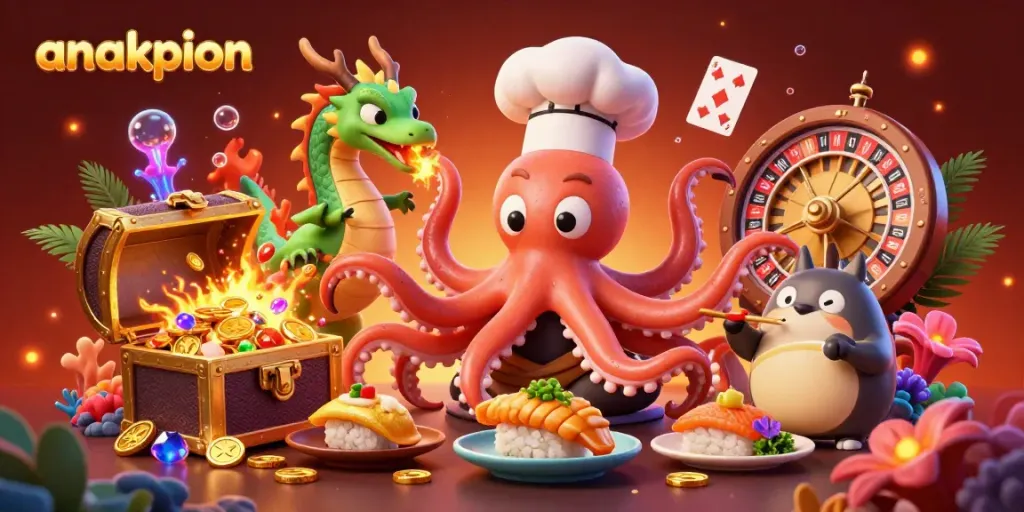 Experience thrilling gameplay with anakpion in a vibrant casino scene featuring a chef octopus and dragon.