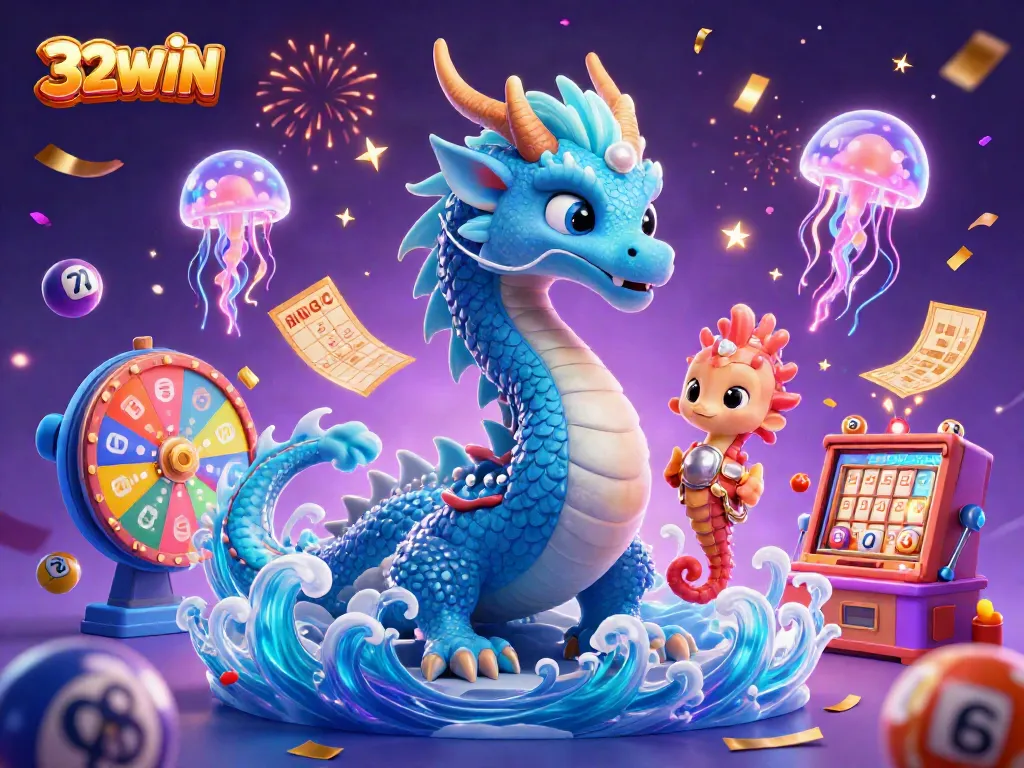 Engage with the vibrant magic of 32WIN's online lottery games with this animated scene filled with dragon, jellyfish, and colorful prizes.