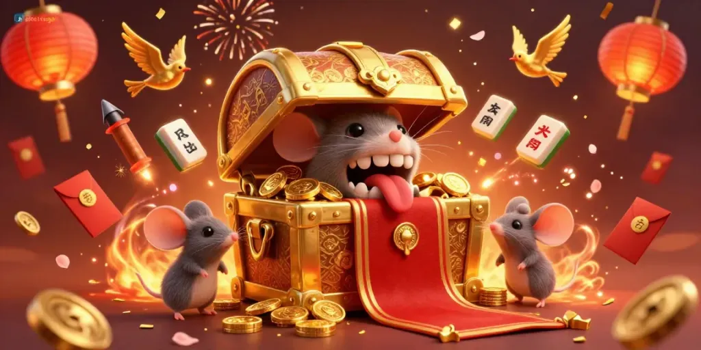 Experience the excitement of situs togel with adventurer mice drawn to a treasure chest amidst festive elements.