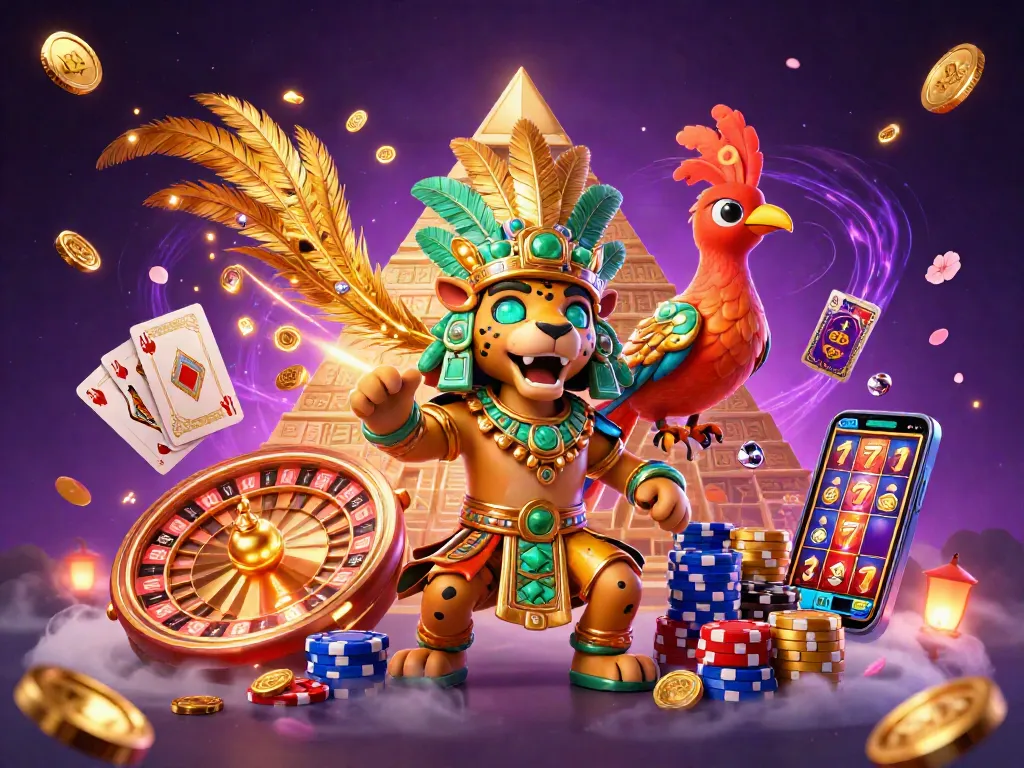 Kubet's Mayan jaguar priest and quetzal bird illuminate an exciting casino scene with vibrant gaming elements.