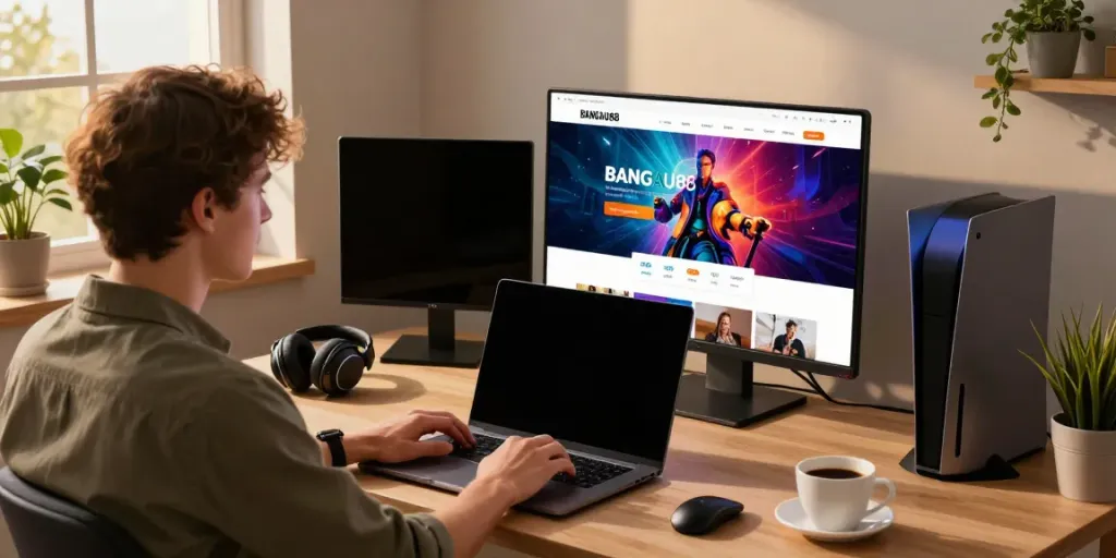 User experiencing BANGAU88 on laptop and smartphone in a cozy workspace, showcasing digital entertainment.
