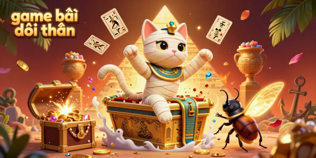 Engage with the vibrant casino adventure of game bài đổi thưởng, featuring an Egyptian mummy cat bursting from a sarcophagus.