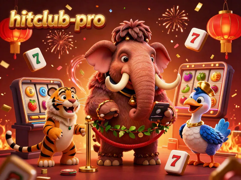 Experience the vibrant energy at hitclub-pro, where a woolly mammoth bouncer manages a lively casino entry scene.