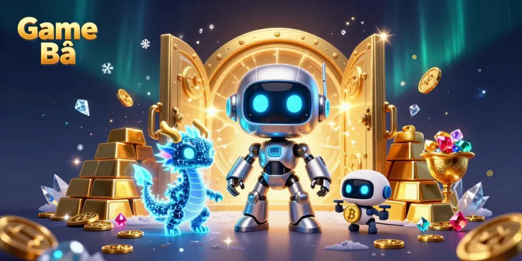 Win big with Game Bài in this vibrant 3D illustration of a cyberpunk casino adventure.