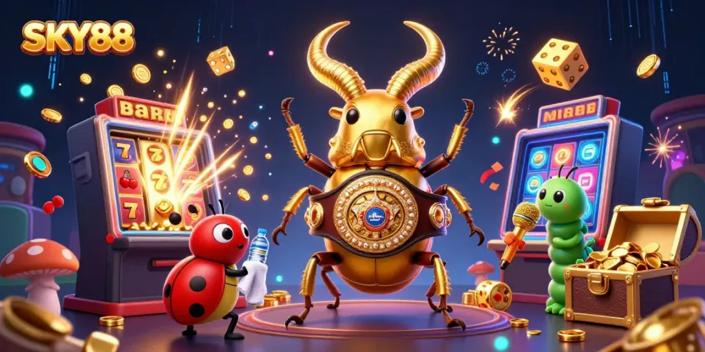 Engage in thrilling casino action with SKY88's vivid 3D gaming scene showcasing dynamic characters and jackpot excitement.