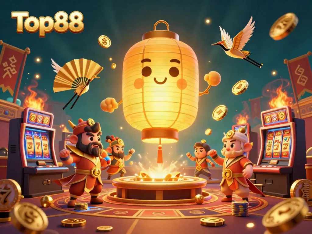 Experience the vibrant Top88 casino scene with a glowing lantern spirit and gold symbols floating in the air.
