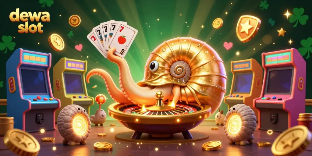 Engage with dewa slot through a vibrant, detailed 3D illustration of a golden nautilus roulette and cards.