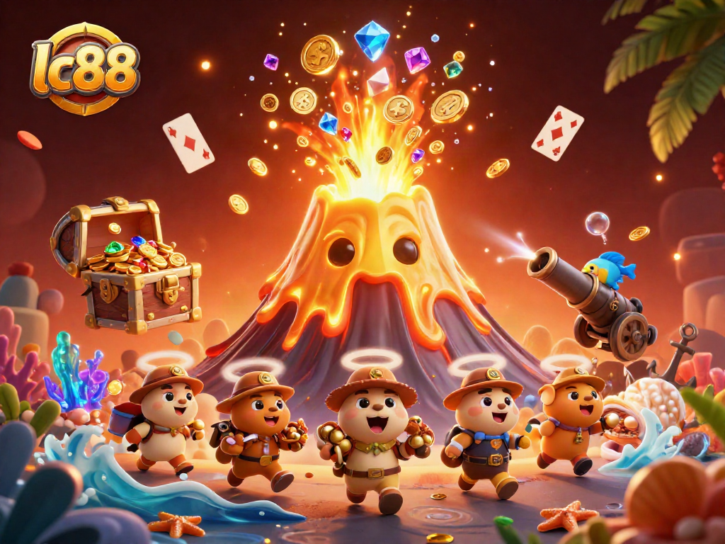 Engage with lc88 in a vibrant 3D scene featuring treasure and casino elements, enriching the gaming experience.