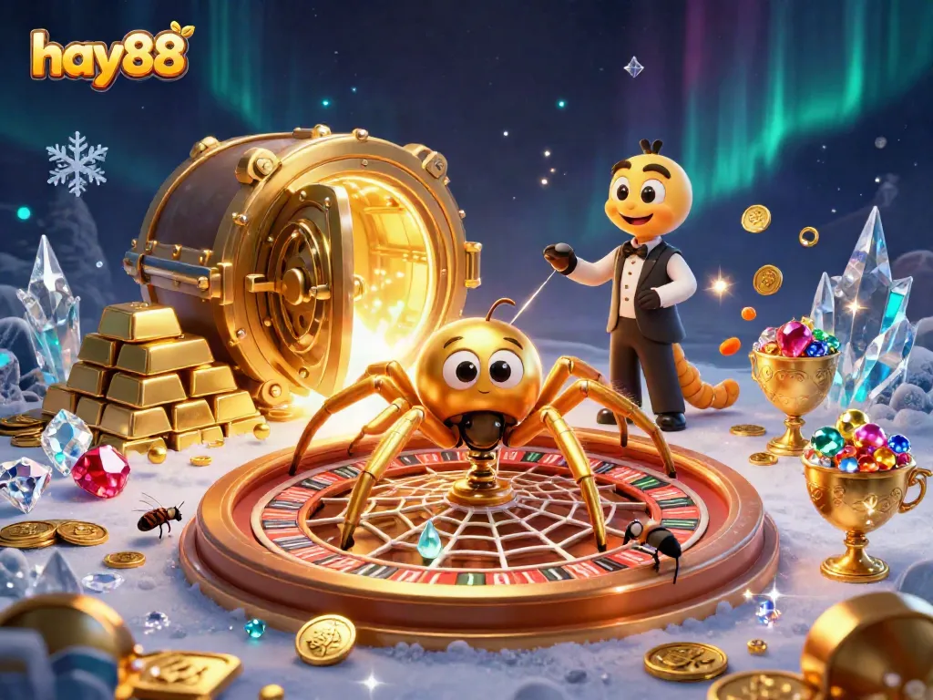 Place bets with hay88 as a cartoon golden spider weaves a roulette wheel in a vibrant 3D illustration.