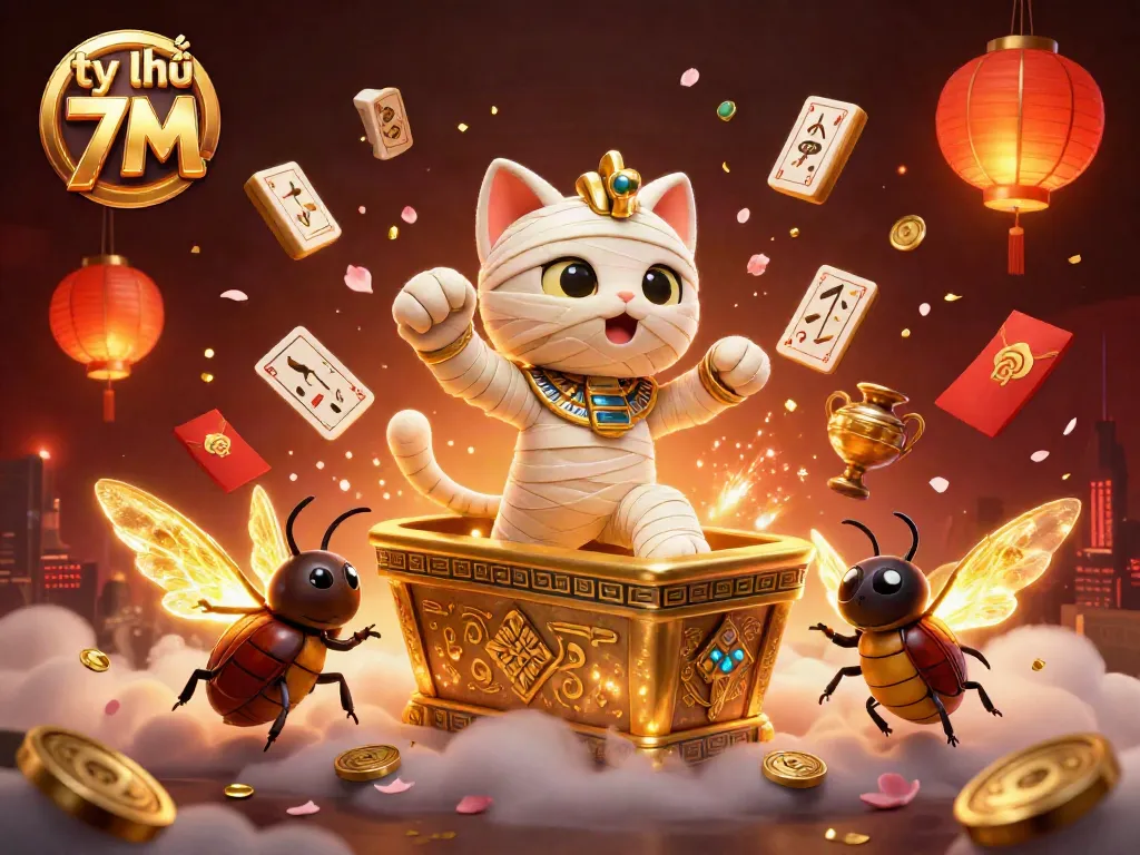 Bet on tỷ lệ 7M with a dynamic 3D illustration of a casino scene featuring a mummy cat and magical elements.