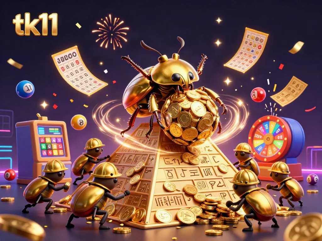 Engaging tk11 casino scene with a golden dung beetle and dynamic lottery elements.