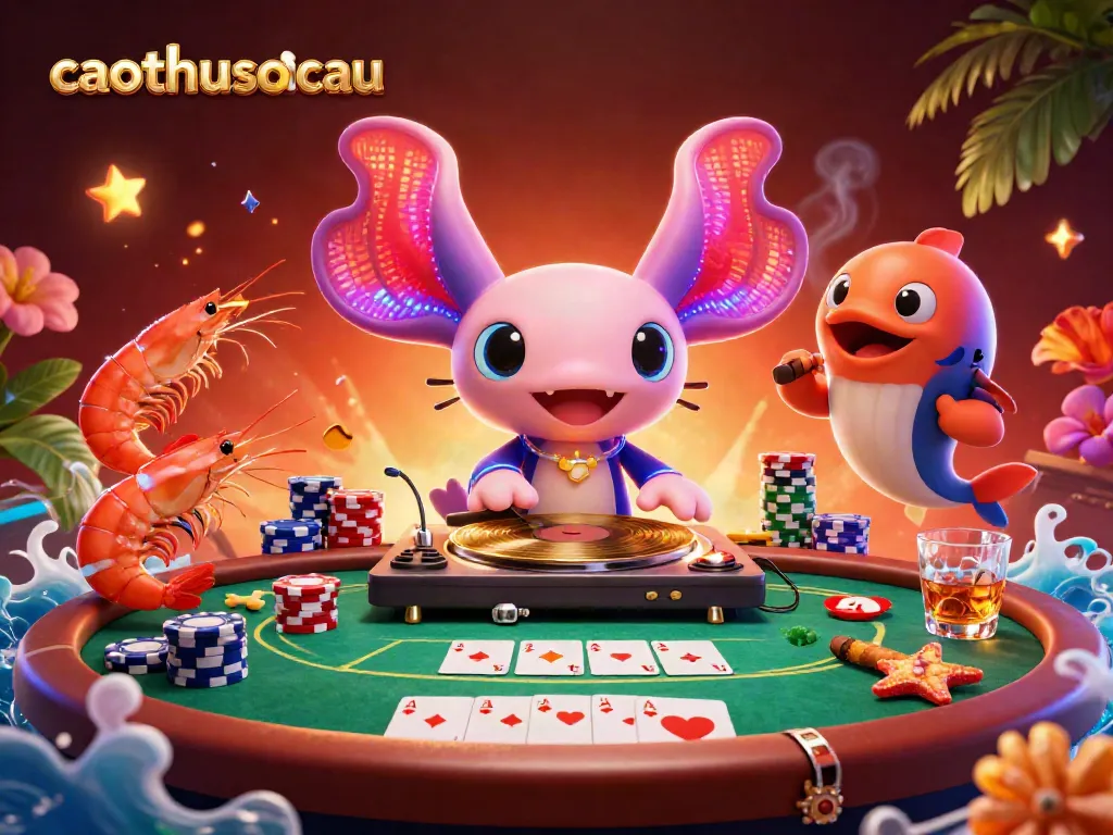 Experience the vibrant energy of caothusoicau with a lively casino scene featuring a DJ axolotl and poker elements.