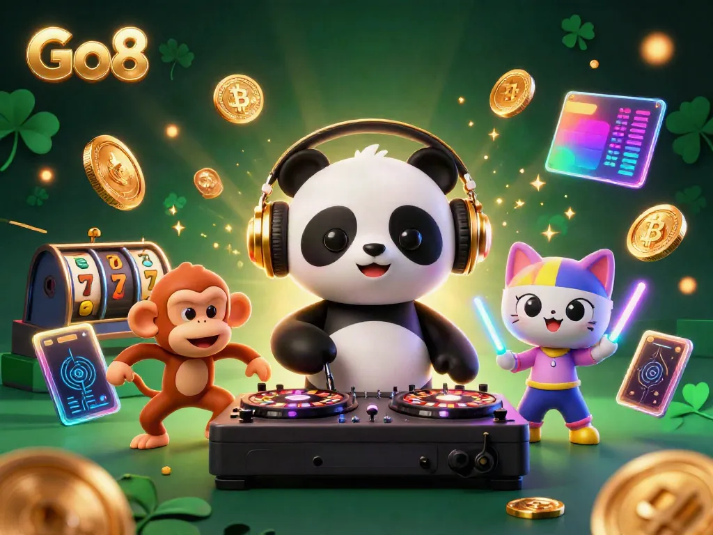 Engage with Go8's thrilling gaming atmosphere featuring playful characters amid glowing jackpots and crypto elements.