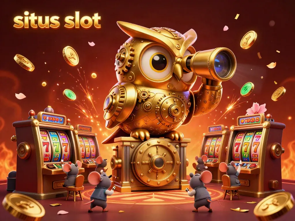 Engage in situs slot fun with a stunning 3D illustration of a clockwork owl surveying a vibrant casino scene.