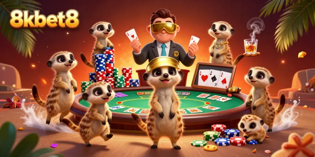 8xbet8 offers a vibrant casino experience featuring lively meerkats managing poker games and chips.
