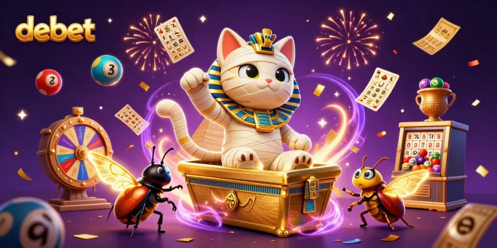 Experience the thrill of winning at debet with a dynamic casino scene featuring a mummy cat and stunning visuals.
