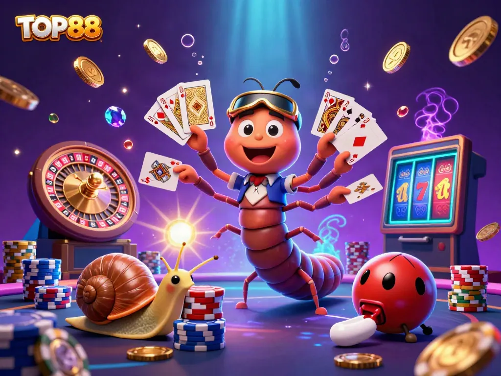 Experience the thrill of TOP88 with characters and vibrant casino elements illustrating a lively gaming scene.
