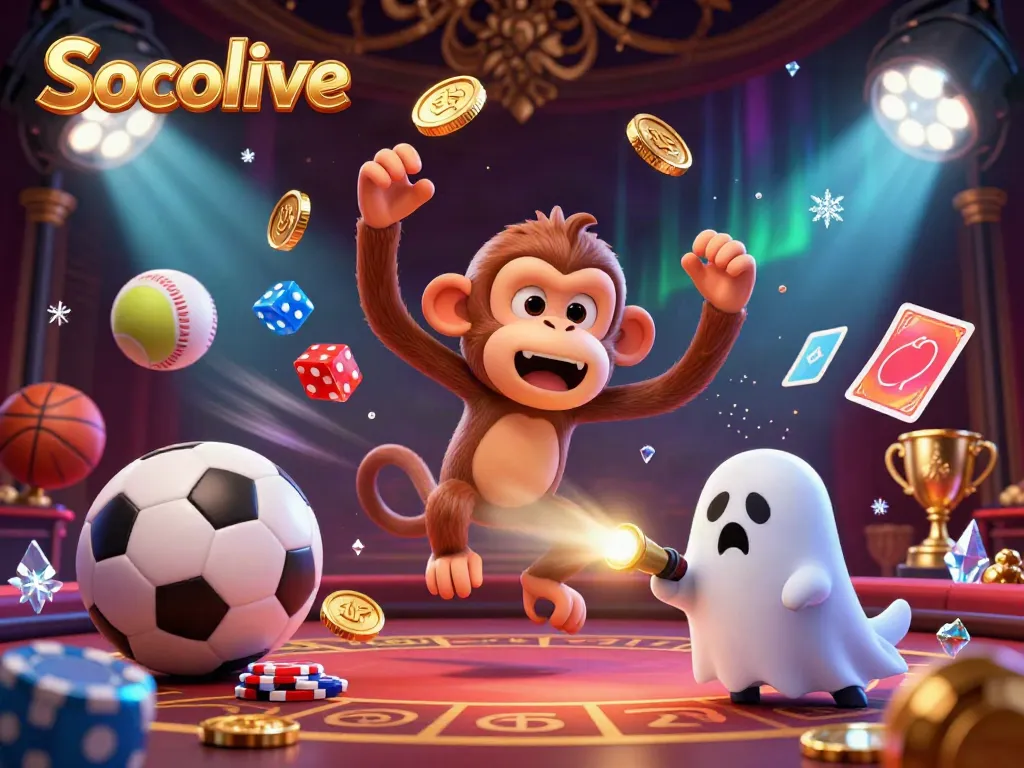 Socolive showcases a lively illustration featuring a magical poltergeist monkey juggling elements in a haunted casino.