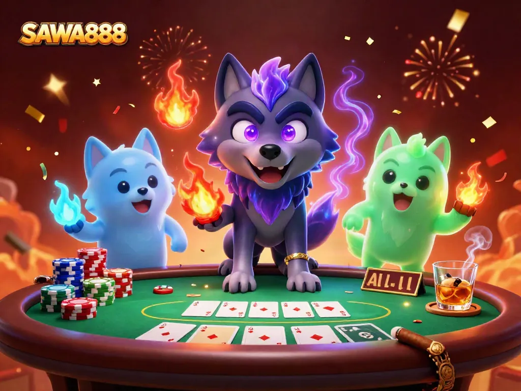 SAWA888 poker scene featuring mystical wolf characters with vibrant energy amidst a lively casino setting