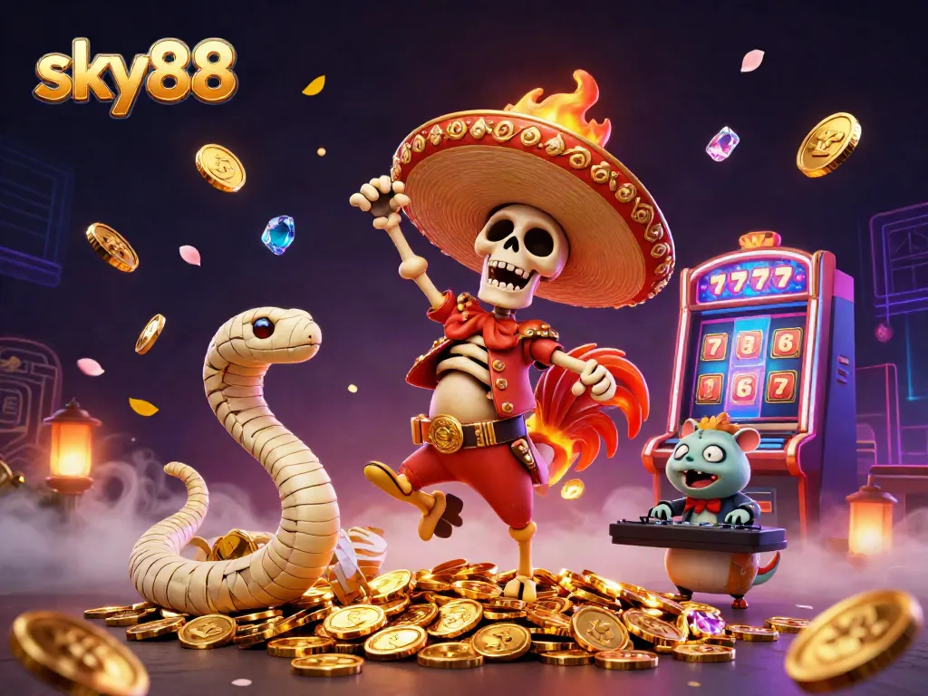 Join the excitement at sky88 with a lively 3D scene featuring a mariachi rooster, mummy snake, and DJ hamster surrounded by casino elements.