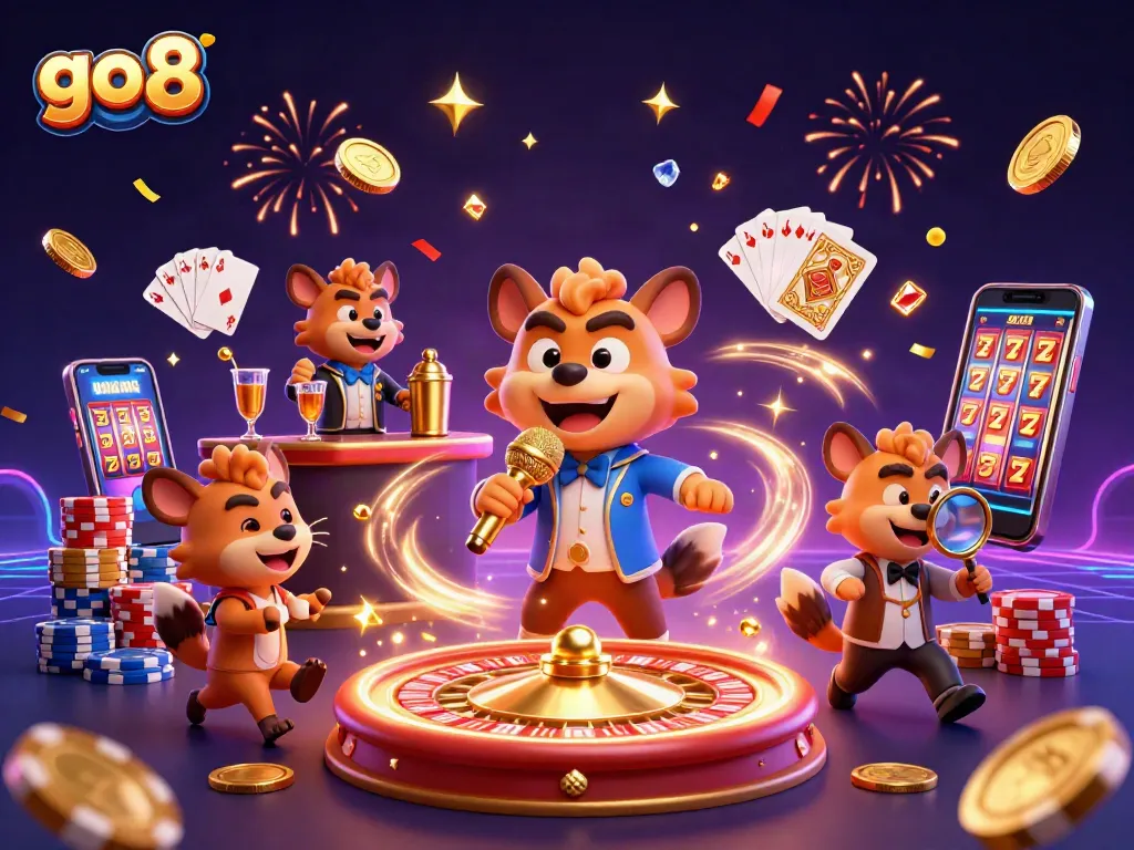 Engage with go 8's vibrant casino scene featuring hyenas enjoying entertainment and gaming excitement.