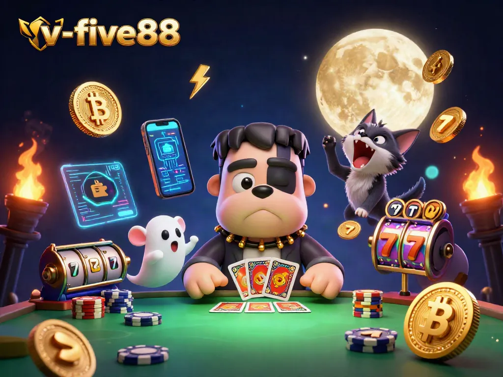 Engage with thrilling games at v-five88, where a Frankenstein bulldog deals cards and crypto coins shine.