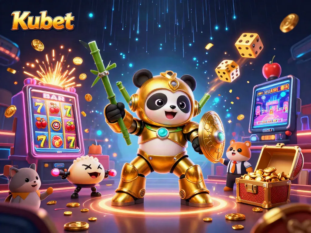 Kubet gaming scene with a gold panda mech in a vibrant casino atmosphere, showcasing jackpot excitement.
