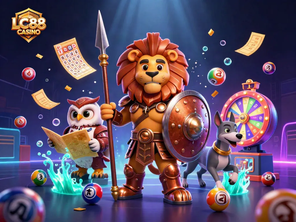 Engage with thrilling games at LC88 CASINO featuring a Spartan lion and dynamic lottery elements.